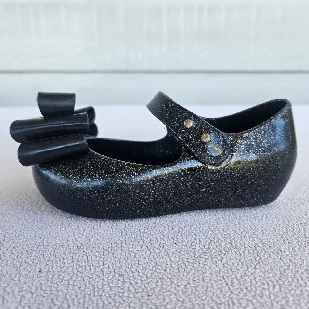 Mini Melissa Ultragirl Black Sparkle Bow Mary Jane Jelly Flats SZ 8 Hook & Loop